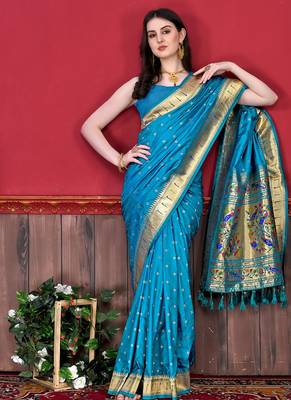Sky blue zari weaving paithani silk blend festival saree with blouse 3