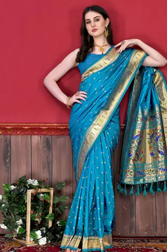 Sky blue zari weaving paithani silk blend festival saree with blouse
