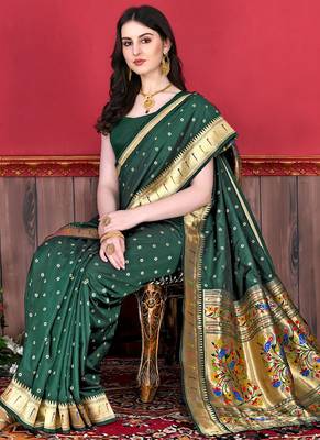 Green zari weaving paithani silk blend festival saree with blouse 1