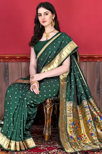 Green zari weaving paithani silk blend festival saree with blouse