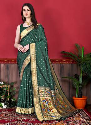 Green zari weaving paithani silk blend festival saree with blouse 2