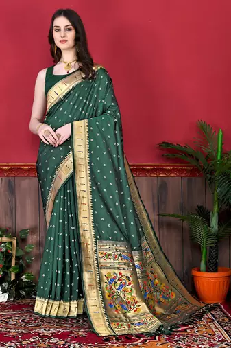 Green zari weaving paithani silk blend festival saree with blouse