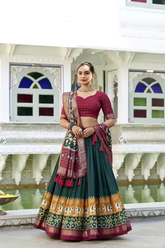 green Tussar Silk Patola Print Lehenga Choli with Foil Work Detailing
