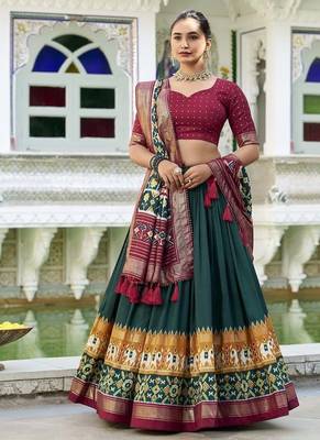 green Tussar Silk Patola Print Lehenga Choli with Foil Work Detailing 1