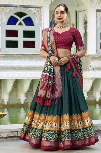 green Tussar Silk Patola Print Lehenga Choli with Foil Work Detailing