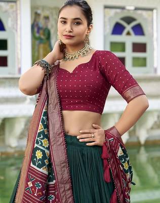 green Tussar Silk Patola Print Lehenga Choli with Foil Work Detailing 3