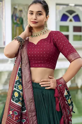 green Tussar Silk Patola Print Lehenga Choli with Foil Work Detailing