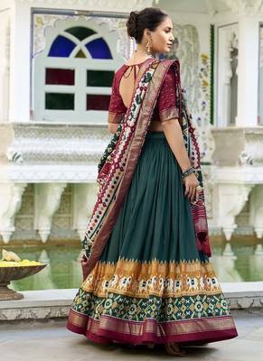 green Tussar Silk Patola Print Lehenga Choli with Foil Work Detailing 4