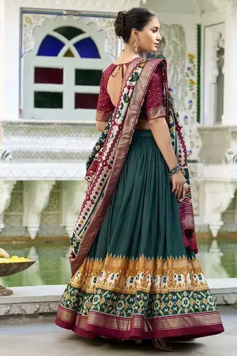 green Tussar Silk Patola Print Lehenga Choli with Foil Work Detailing