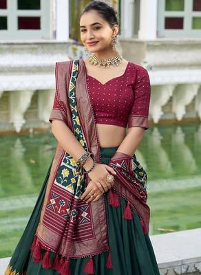 green Tussar Silk Patola Print Lehenga Choli with Foil Work Detailing 5