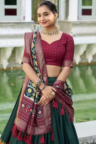 green Tussar Silk Patola Print Lehenga Choli with Foil Work Detailing