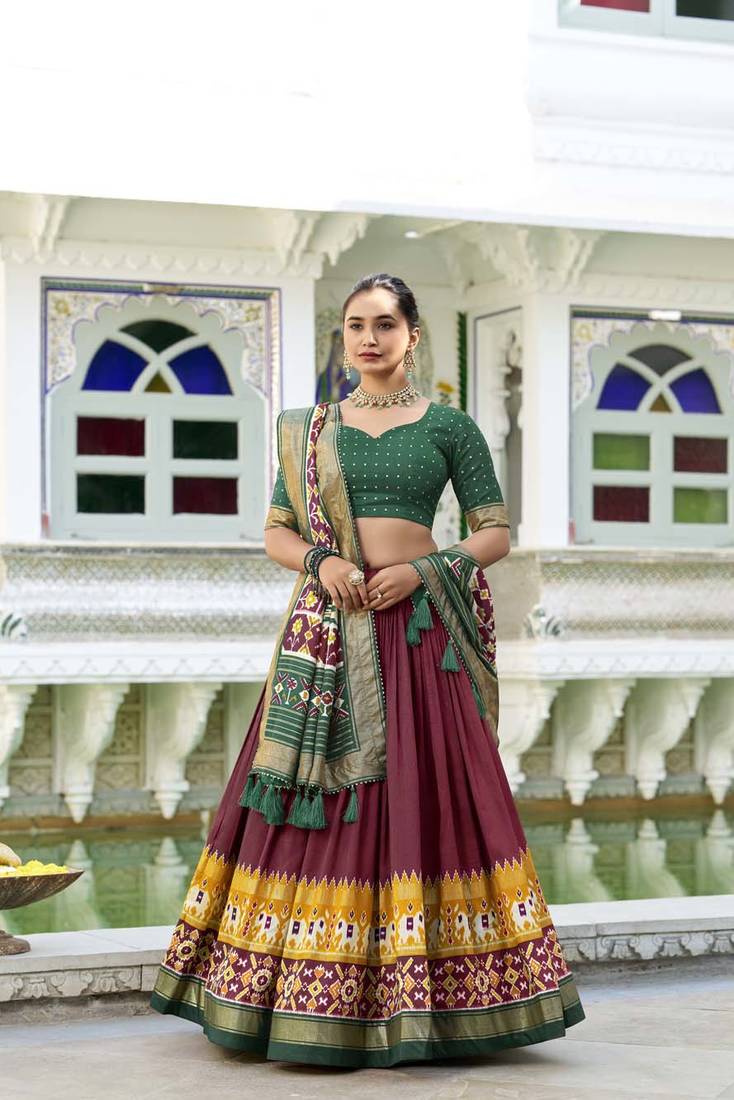 maroon Tussar Silk Patola Print Lehenga Choli with Foil Work Detailing