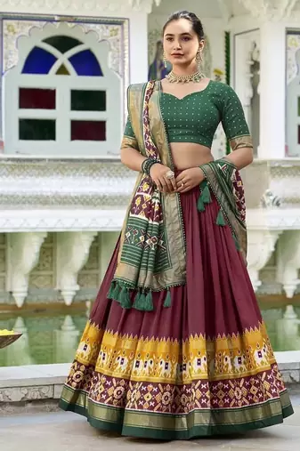 maroon Tussar Silk Patola Print Lehenga Choli with Foil Work Detailing