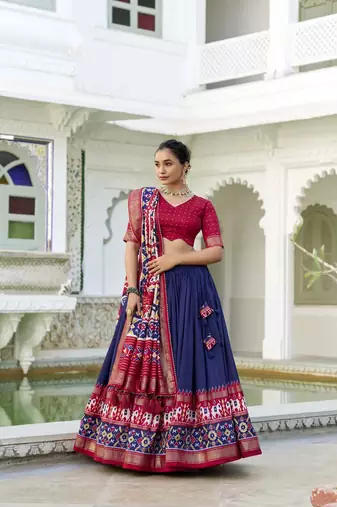 navy blue Tussar Silk Patola Print Lehenga Choli with Foil Work Detailing