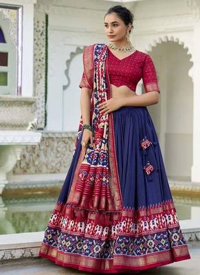 navy blue Tussar Silk Patola Print Lehenga Choli with Foil Work Detailing 1