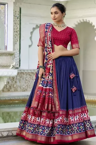 navy blue Tussar Silk Patola Print Lehenga Choli with Foil Work Detailing
