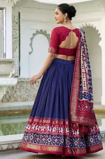 navy blue Tussar Silk Patola Print Lehenga Choli with Foil Work Detailing