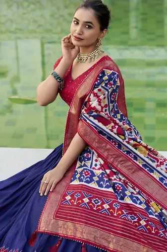 navy blue Tussar Silk Patola Print Lehenga Choli with Foil Work Detailing