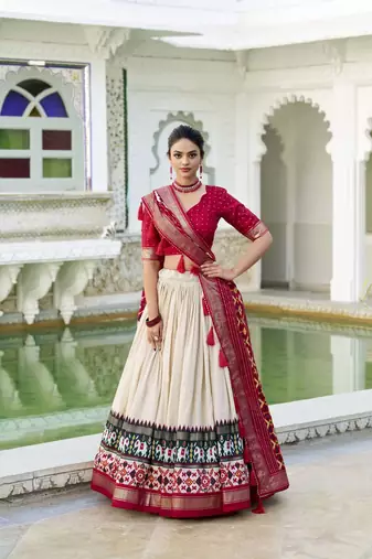 off white Tussar Silk Patola Print Lehenga Choli with Foil Work Detailing