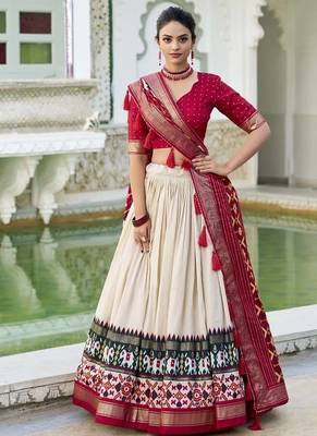off white Tussar Silk Patola Print Lehenga Choli with Foil Work Detailing 1