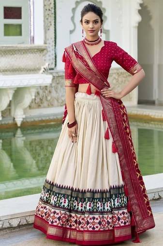 off white Tussar Silk Patola Print Lehenga Choli with Foil Work Detailing
