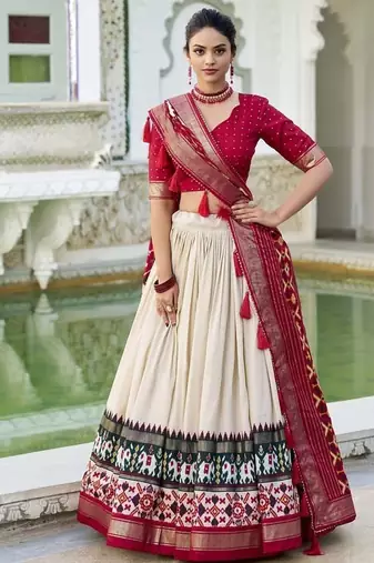 off white Tussar Silk Patola Print Lehenga Choli with Foil Work Detailing