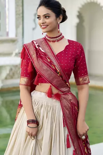 off white Tussar Silk Patola Print Lehenga Choli with Foil Work Detailing