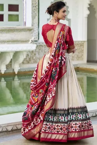 off white Tussar Silk Patola Print Lehenga Choli with Foil Work Detailing