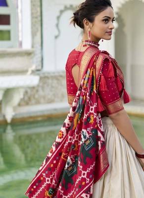 off white Tussar Silk Patola Print Lehenga Choli with Foil Work Detailing 4
