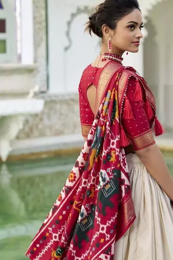 off white Tussar Silk Patola Print Lehenga Choli with Foil Work Detailing