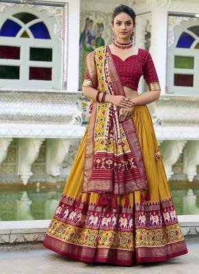 mustard Tussar Silk Patola Print Lehenga Choli with Foil Work Detailing 1