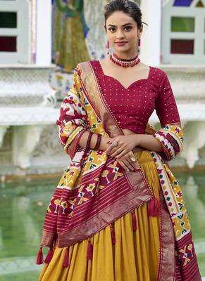 mustard Tussar Silk Patola Print Lehenga Choli with Foil Work Detailing 2