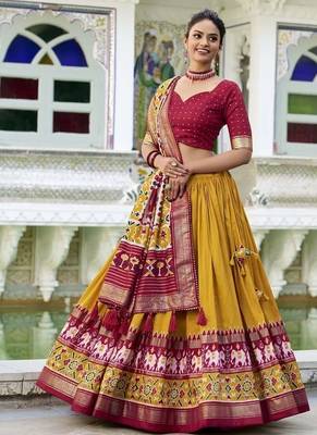 mustard Tussar Silk Patola Print Lehenga Choli with Foil Work Detailing 4