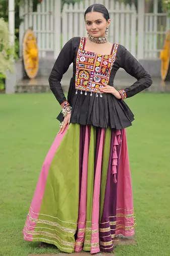 Multi-Color Rayon Gamthi Work Navratri Lehenga With Peplum Top