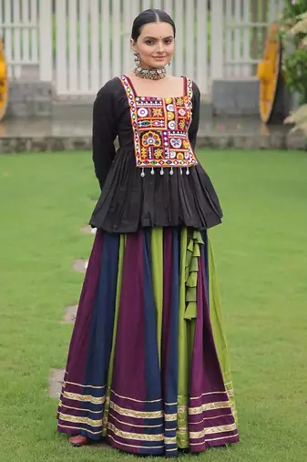 Multi-Color Kutchi Work Navratri Lehenga With Pelpum Top