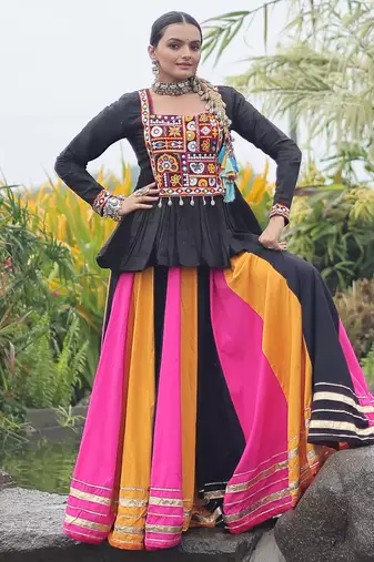 Multi-Color Rayon Kutchi Work Lehenga With Peplum Top