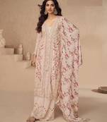 Peach embroidered chinon silk palazzo style salwar suit