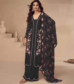 Black embroidered chinon silk palazzo style salwar suit