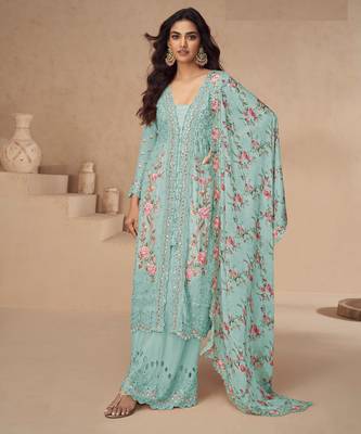 Sky embroidered chinon silk blend palazzo style salwar suit 1