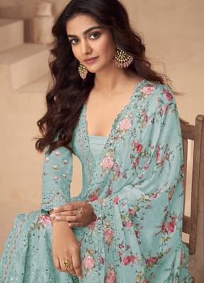 Sky embroidered chinon silk blend palazzo style salwar suit 2