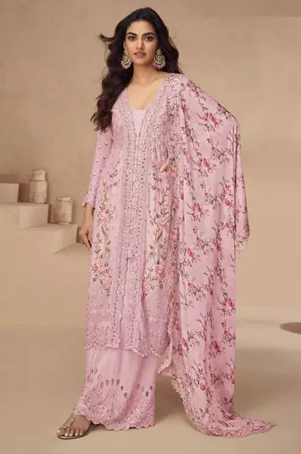 Pink embroidered chinon silk palazzo style salwar suit