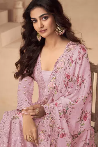 Pink embroidered chinon silk blend palazzo style salwar suit