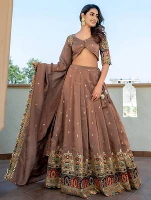 beige silk sequins party lehenga set choli with dupatta with dupatta 1