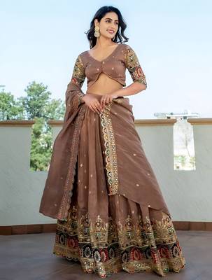 beige silk sequins party lehenga set choli with dupatta with dupatta 2