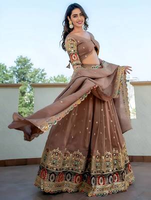 beige silk sequins party lehenga set choli with dupatta with dupatta 3