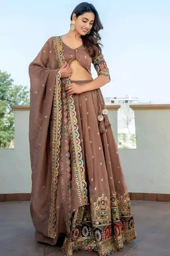 beige silk sequins party lehenga set choli with dupatta with dupatta
