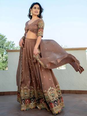 beige silk sequins party lehenga set choli with dupatta with dupatta 6