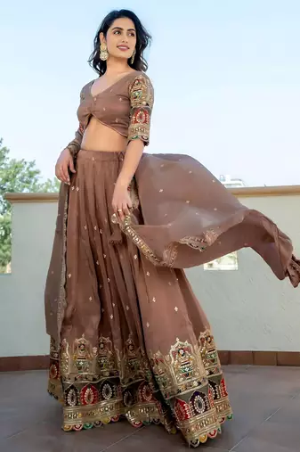 beige silk sequins party lehenga set choli with dupatta with dupatta