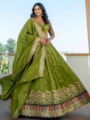 green thread embroidered silk mehendi lehenga set choli with dupatta 1