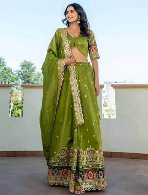 green thread embroidered silk mehendi lehenga set choli with dupatta 5